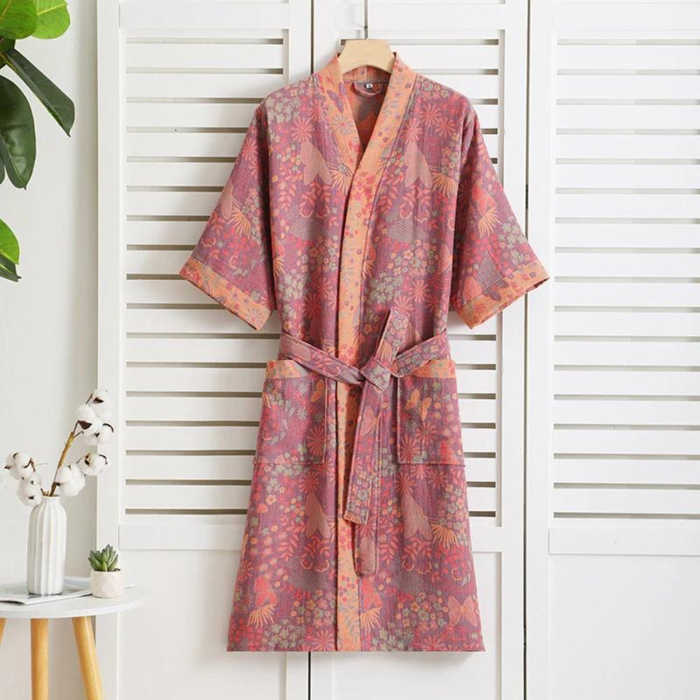 Rosewood Charm Cotton Bathrobe – Soft, Lightweight, Long Sleeve Robe
