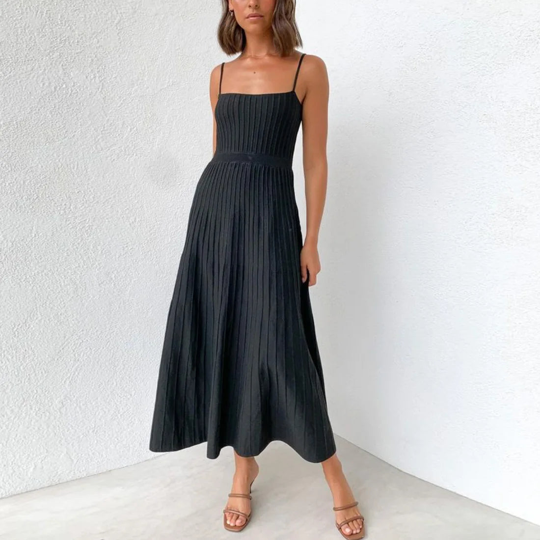 Women’s Long Pleated Maxi Dress – Polyester Spandex Fabric