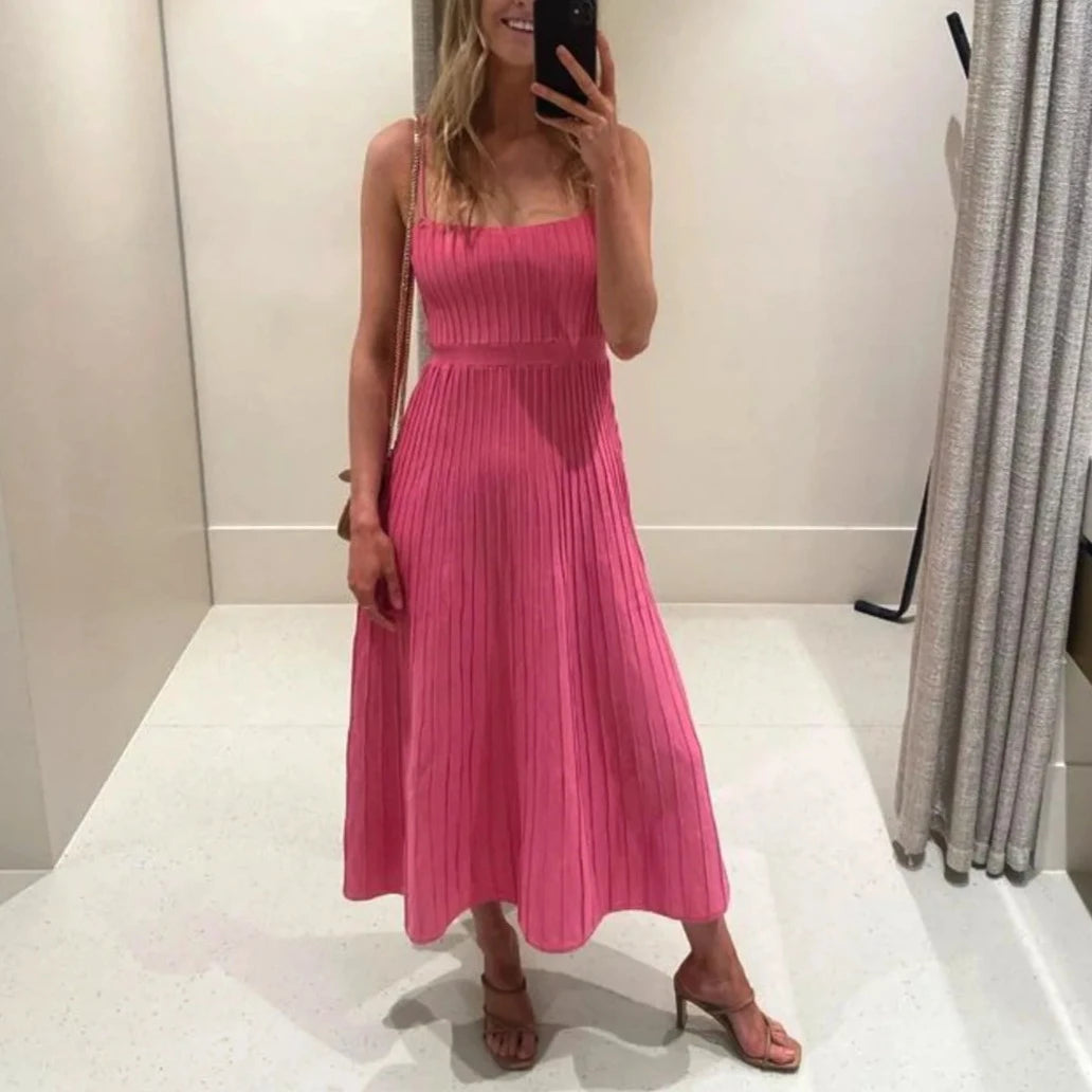 Women’s Long Pleated Maxi Dress – Polyester Spandex Fabric