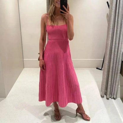 Women’s Long Pleated Maxi Dress – Polyester Spandex Fabric