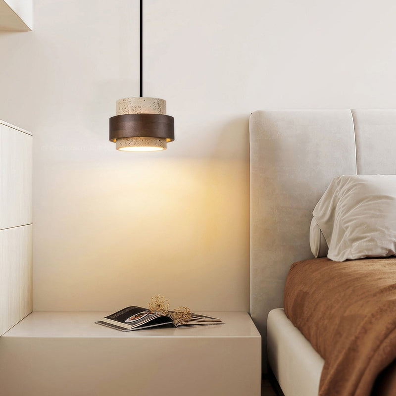 Ascend Wabi-Sabi Bedside Lamp – Retro Minimalist Design in Travertine & Wood