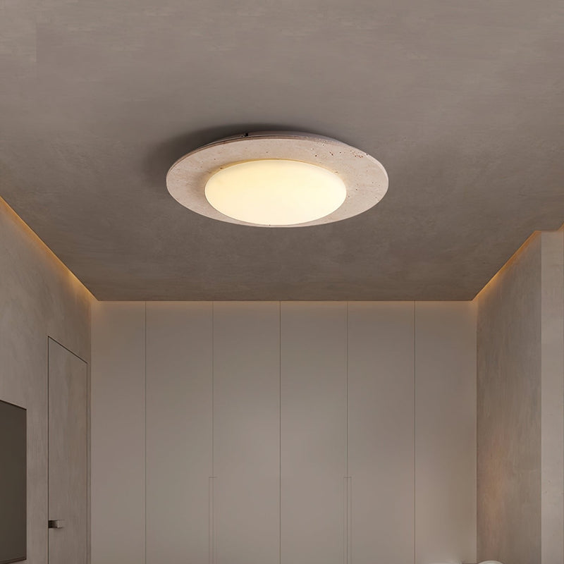Sky Dome Travertine &amp; Wood Ceiling Light – Natural Elegance & Warm Illumination