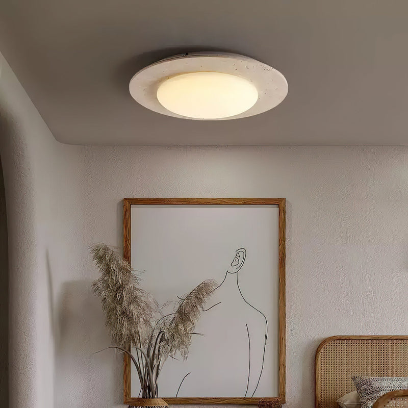Sky Dome Travertine &amp; Wood Ceiling Light – Natural Elegance & Warm Illumination