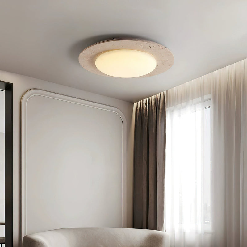 Sky Dome Travertine &amp; Wood Ceiling Light – Natural Elegance & Warm Illumination