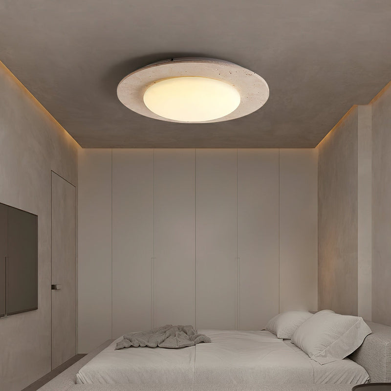 Sky Dome Travertine &amp; Wood Ceiling Light – Natural Elegance & Warm Illumination