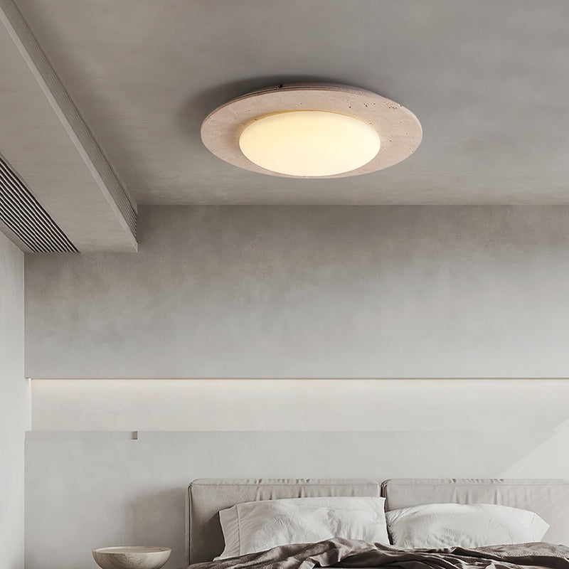 Sky Dome Travertine &amp; Wood Ceiling Light – Natural Elegance & Warm Illumination