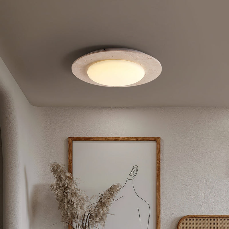 Sky Dome Travertine &amp; Wood Ceiling Light – Natural Elegance & Warm Illumination