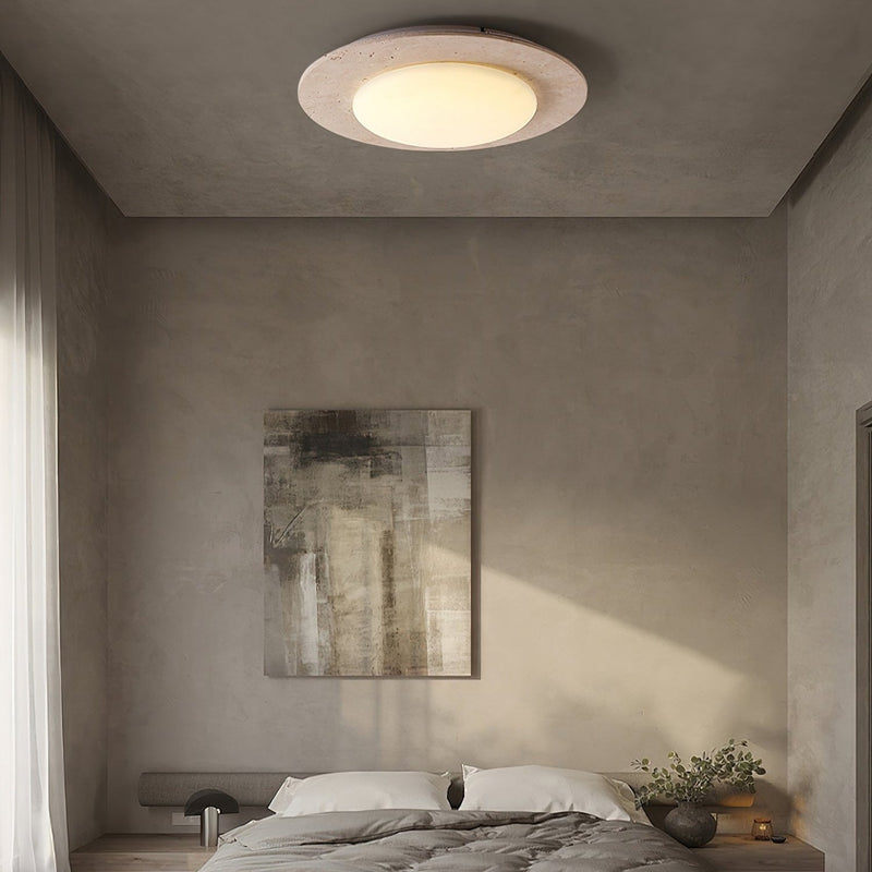 Sky Dome Travertine &amp; Wood Ceiling Light – Natural Elegance & Warm Illumination