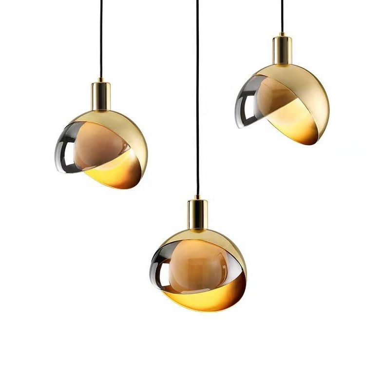 Modern Glass &amp; Gold Pendant Light – Nordic Design with Smoked Shade