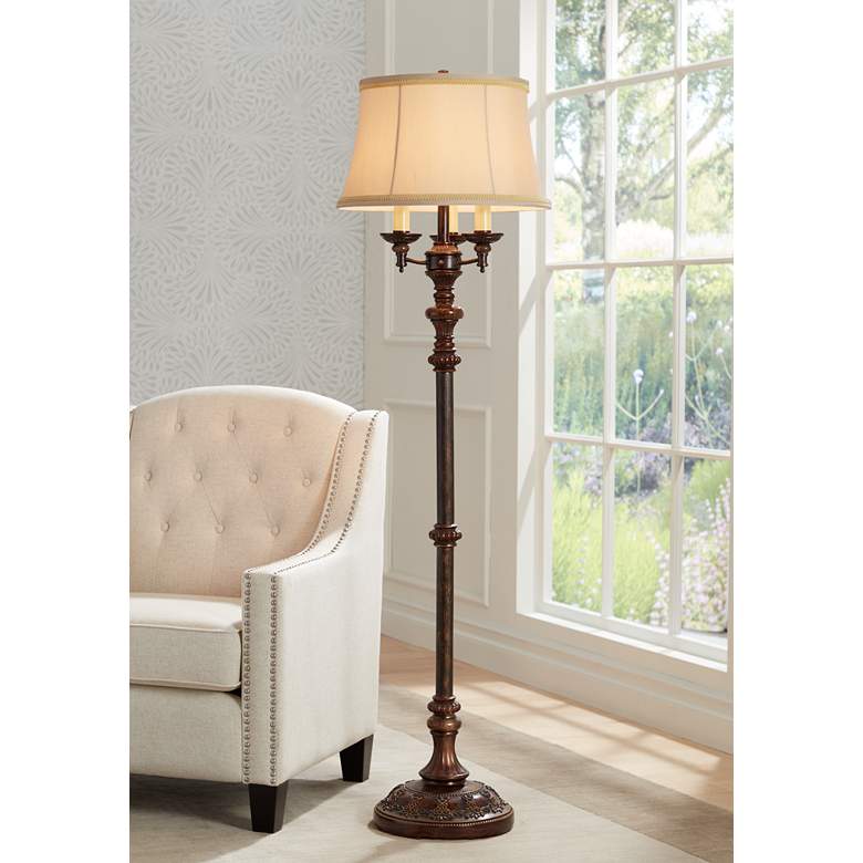 Italian Bronze 4-Light Traditional Floor Lamp with Bell Shade