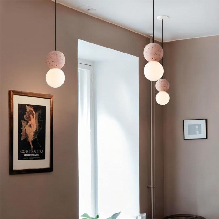 Origo Geometric Pendant Light – Volcanic Stone & Opal Glass Design