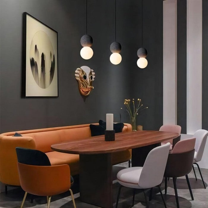 Origo Geometric Pendant Light – Volcanic Stone & Opal Glass Design
