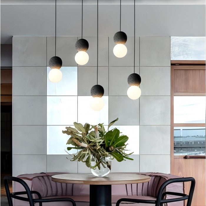 Origo Geometric Pendant Light – Volcanic Stone & Opal Glass Design