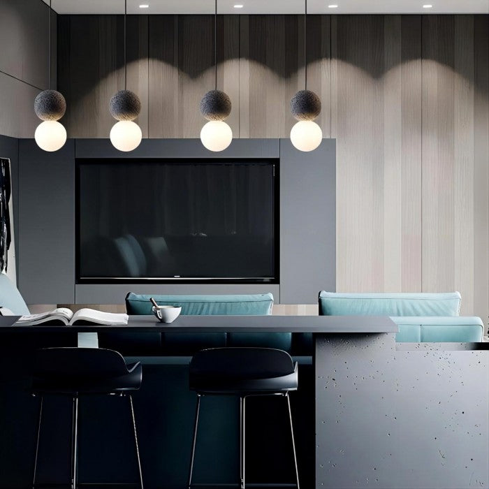 Origo Geometric Pendant Light – Volcanic Stone & Opal Glass Design