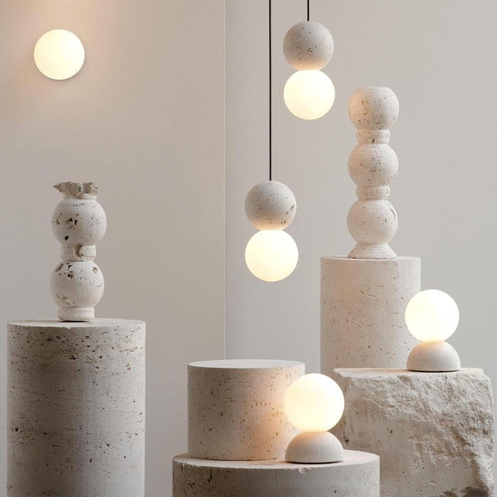 Origo Geometric Pendant Light – Volcanic Stone & Opal Glass Design