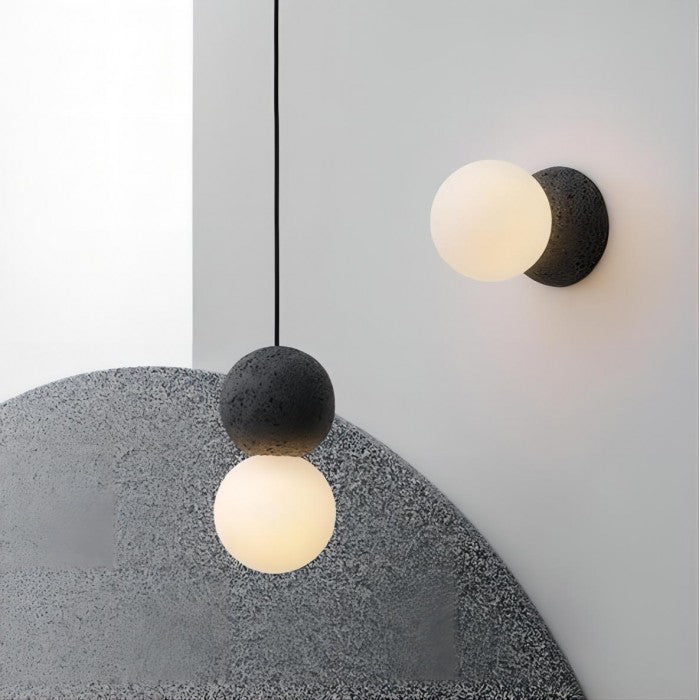 Origo Geometric Pendant Light – Volcanic Stone & Opal Glass Design