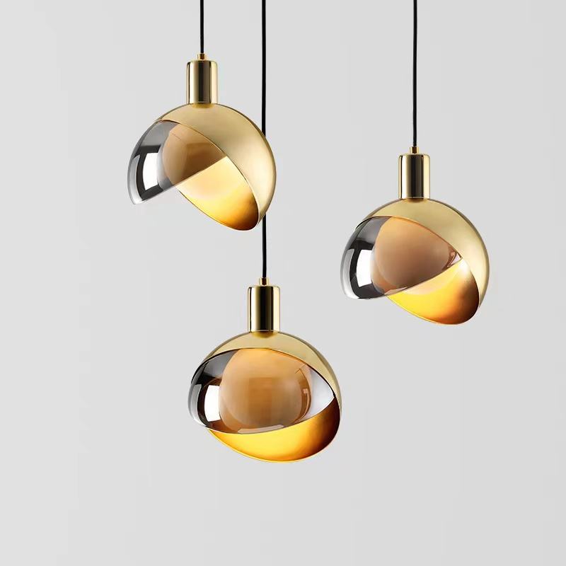 Modern Glass &amp; Gold Pendant Light – Nordic Design with Smoked Shade